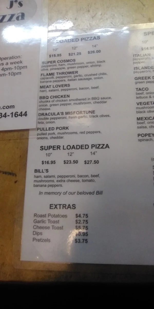 Menu, Mr J's Pizza Etc