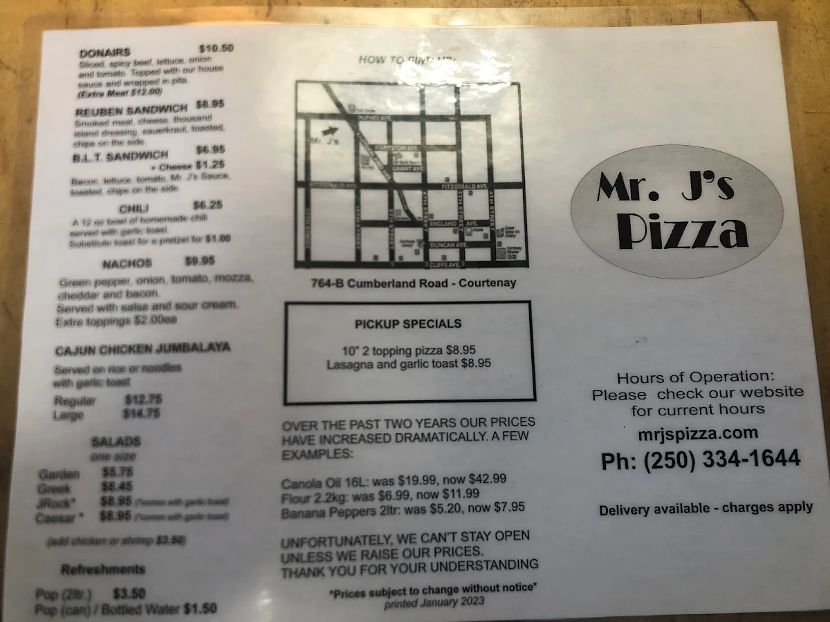 Menu, Mr J's Pizza Etc