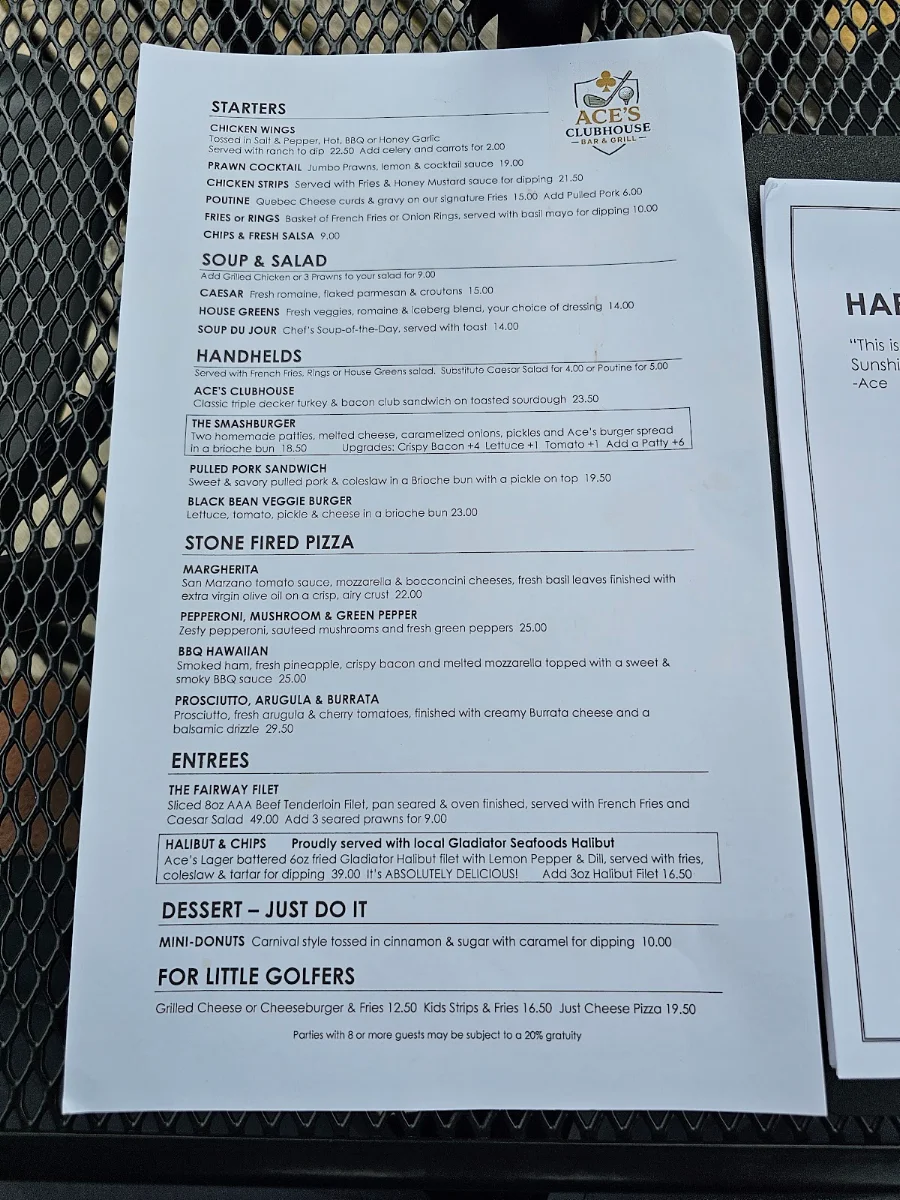 Menu, Ace’s Clubhouse Bar & Grill