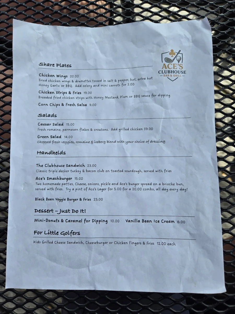 Menu, Ace’s Clubhouse Bar & Grill