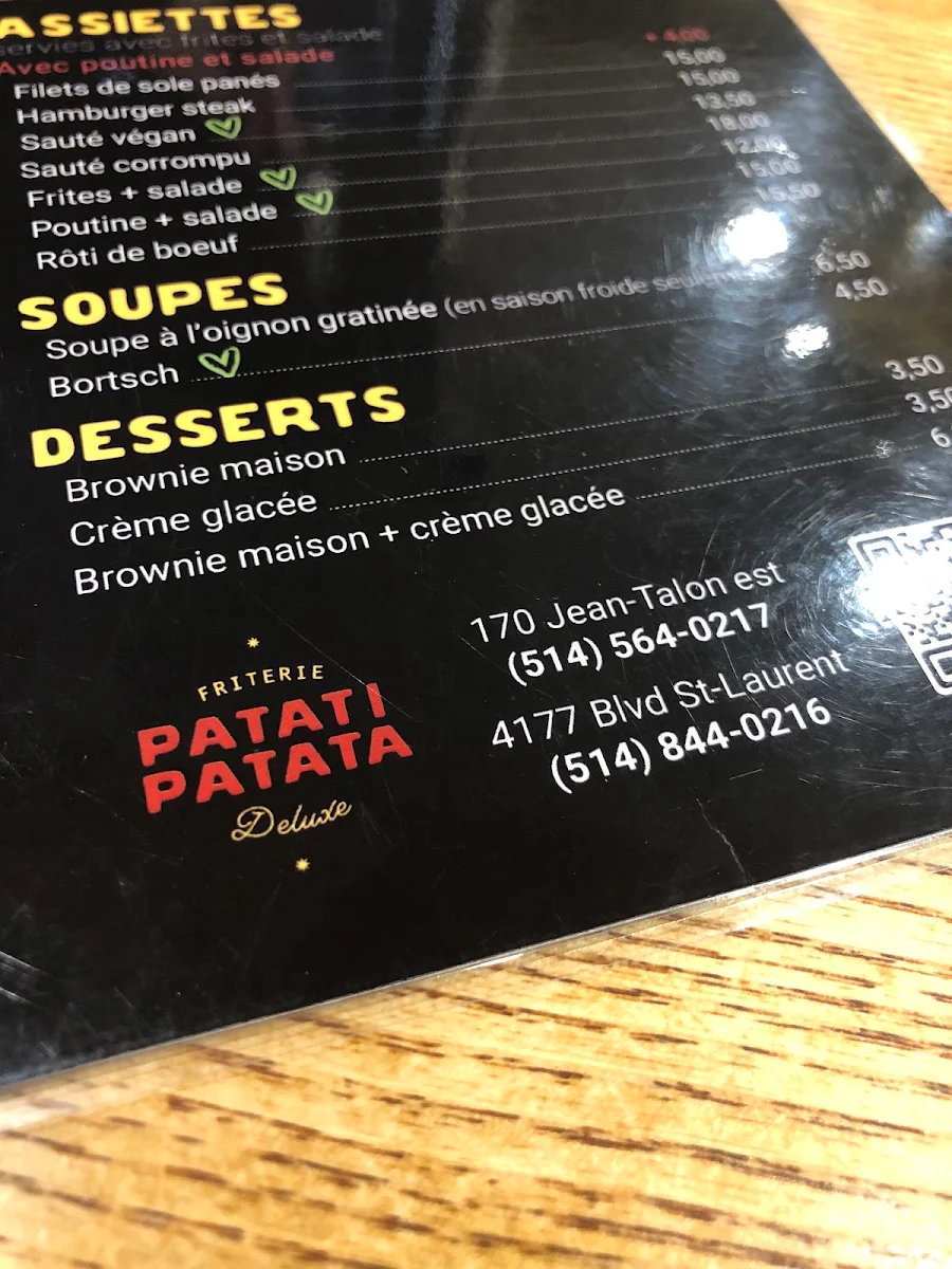 Menu, Patati Patata Jean-Talon Friterie Deluxe