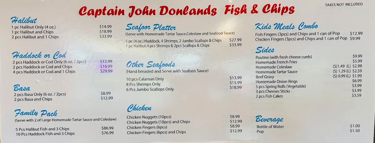 Menu, Captain John Donlands Fish & Chips