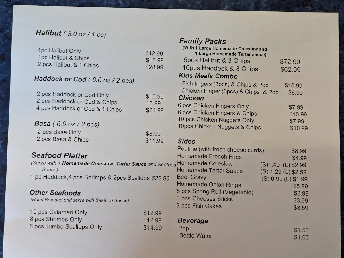 Menu, Captain John Donlands Fish & Chips
