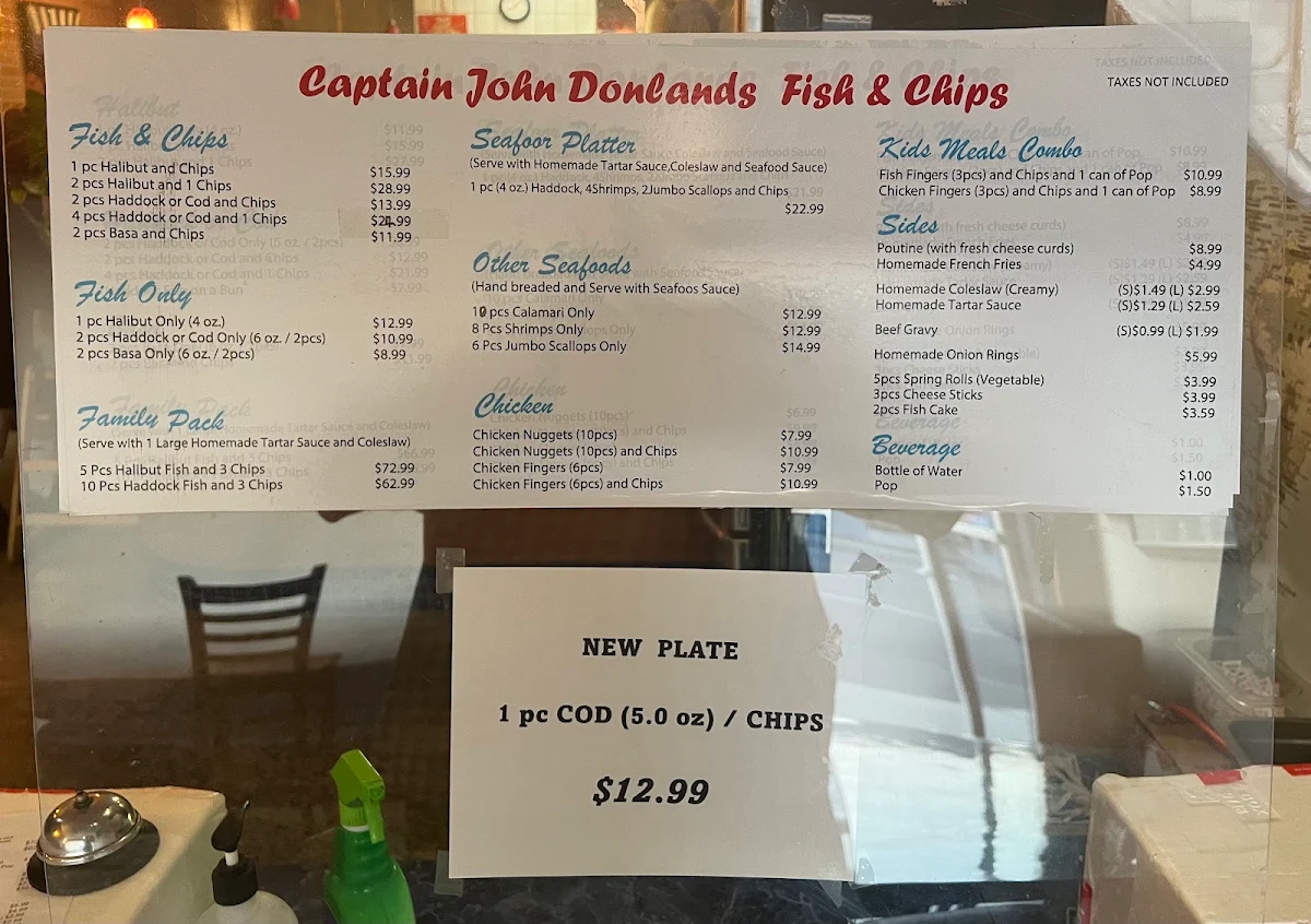 Menu, Captain John Donlands Fish & Chips
