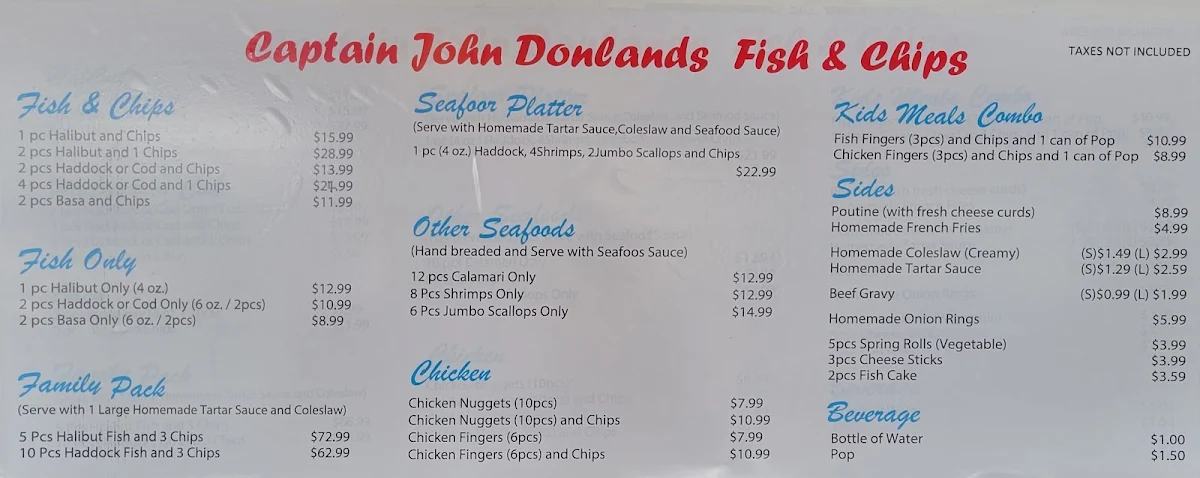 Menu, Captain John Donlands Fish & Chips