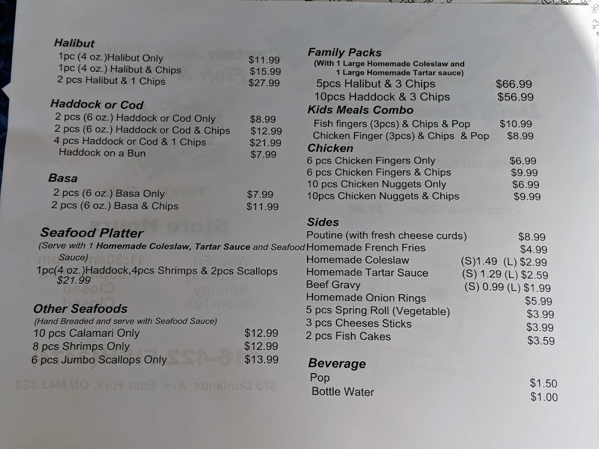Menu, Captain John Donlands Fish & Chips