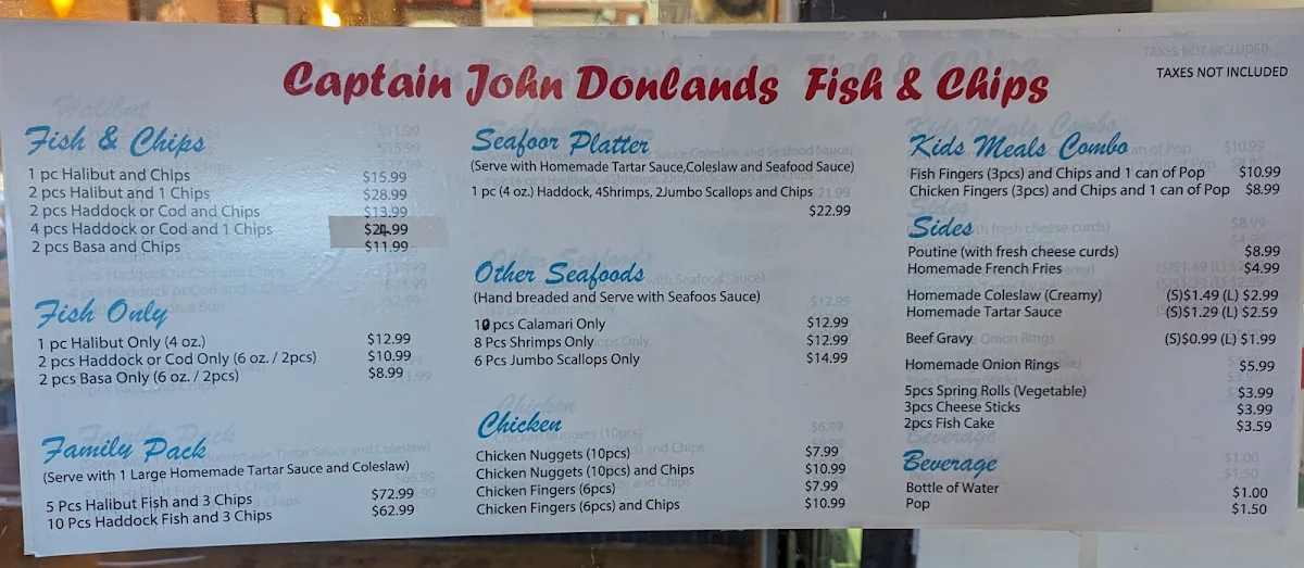 Menu, Captain John Donlands Fish & Chips