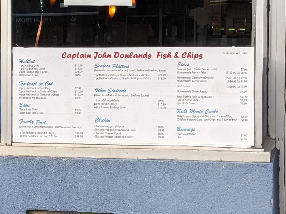 Menu, Captain John Donlands Fish & Chips