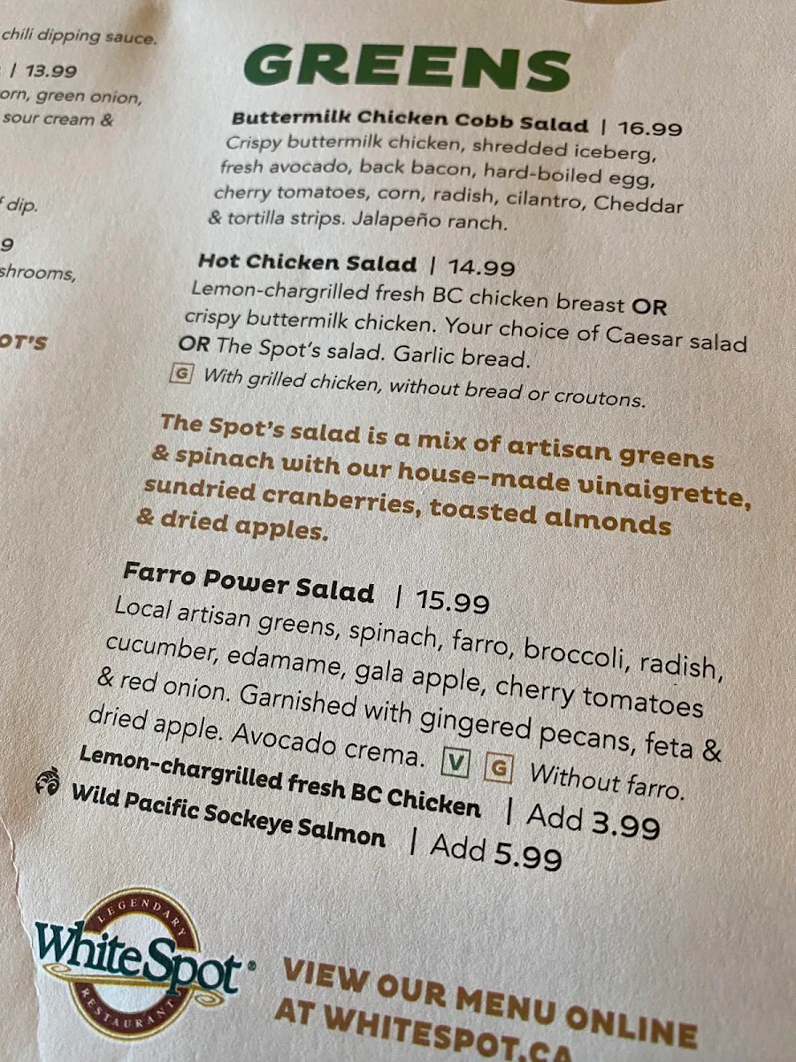Menu, White Spot Port Coquitlam