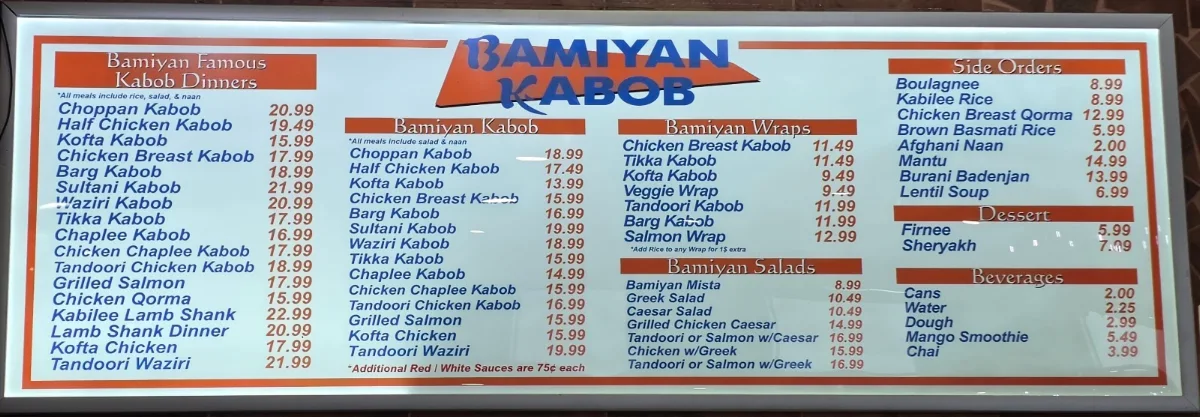 Menu, Bamiyan Kabob