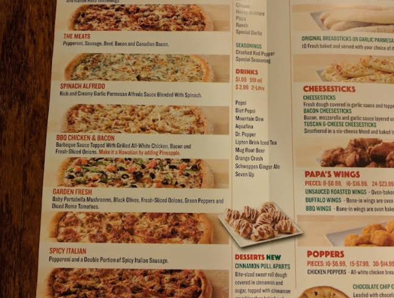 Menu, Papa Johns Pizza
