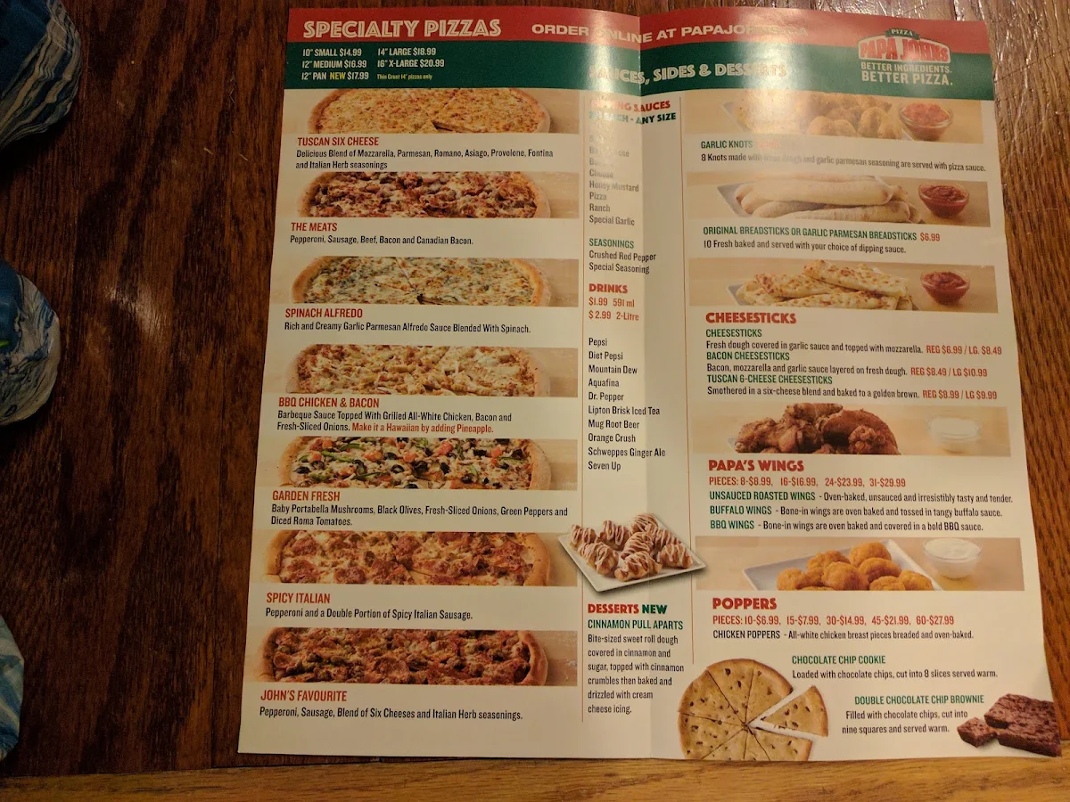 Menu, Papa Johns Pizza