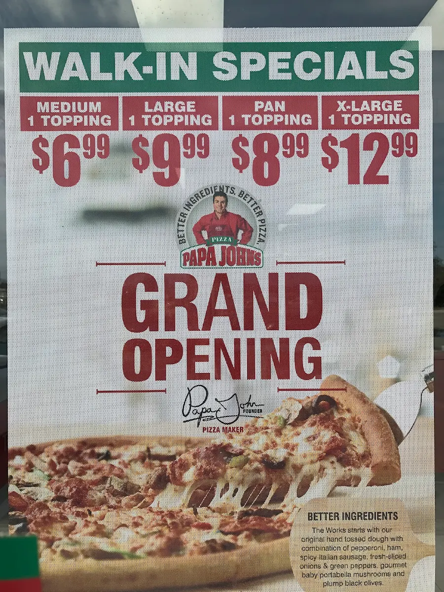 Menu, Papa Johns Pizza