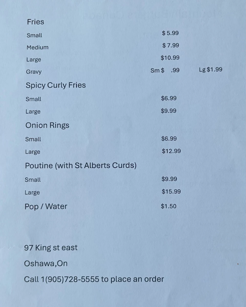 Menu, Mountain Burgers Canada
