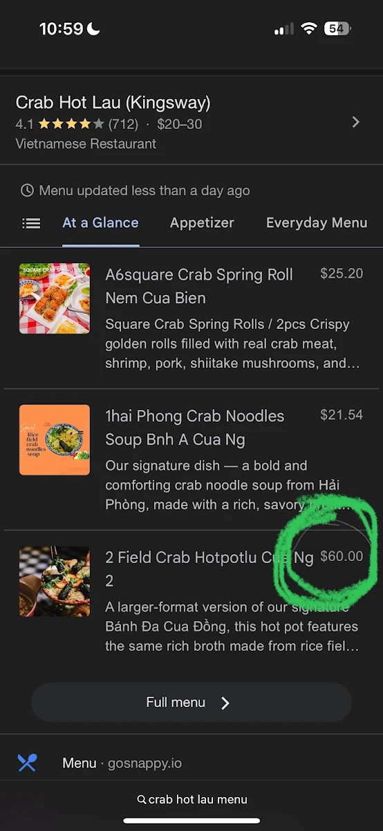 Menu, Crab Hot Lau (Granville)
