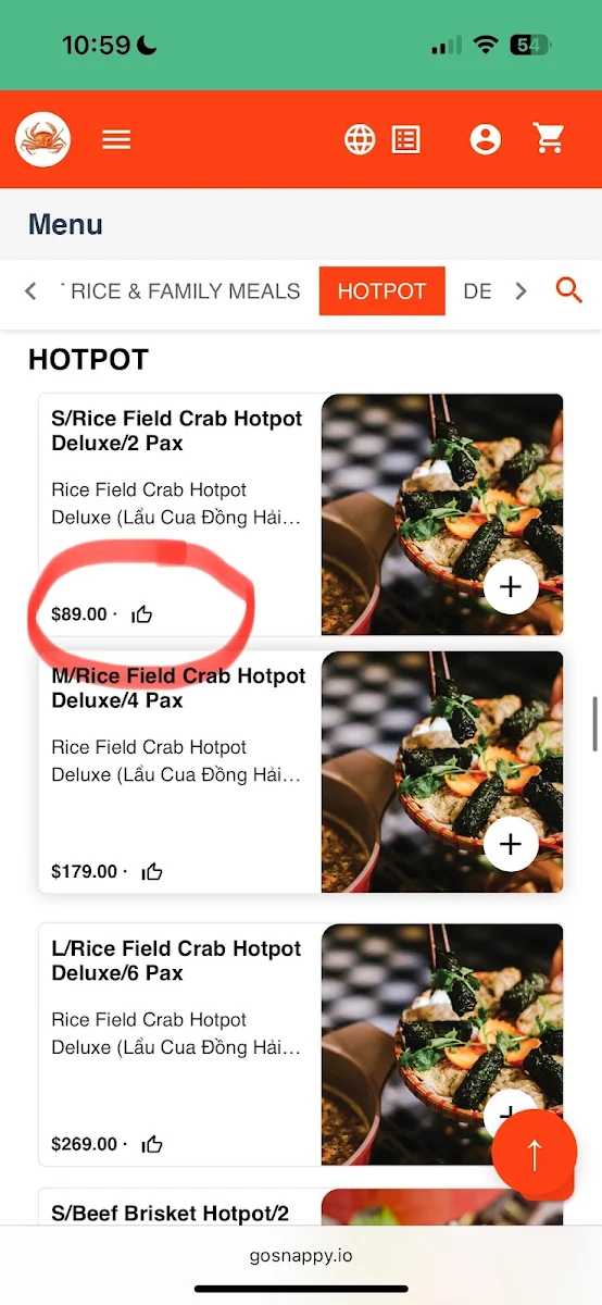 Menu, Crab Hot Lau (Granville)