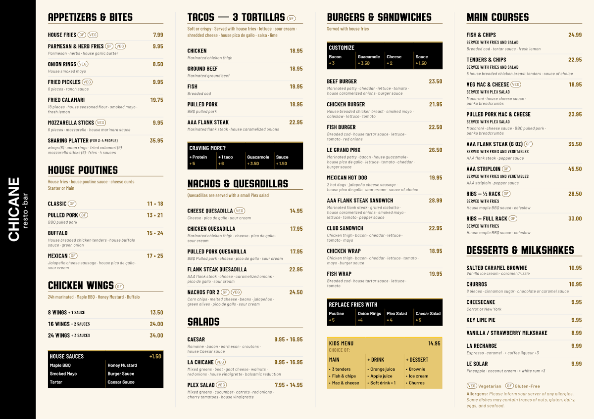 Menu, Chicane Resto Bar