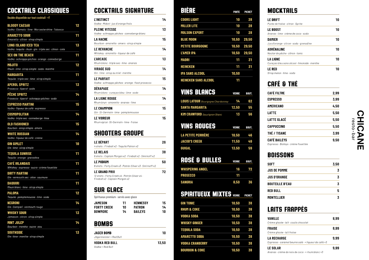 Menu, Chicane Resto Bar