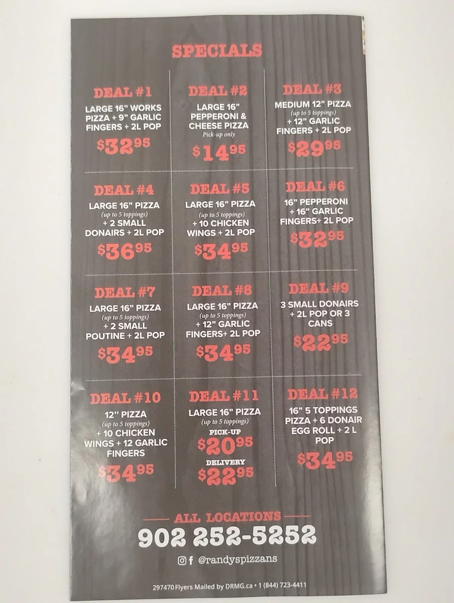 Menu, Randys Pizza Hubley