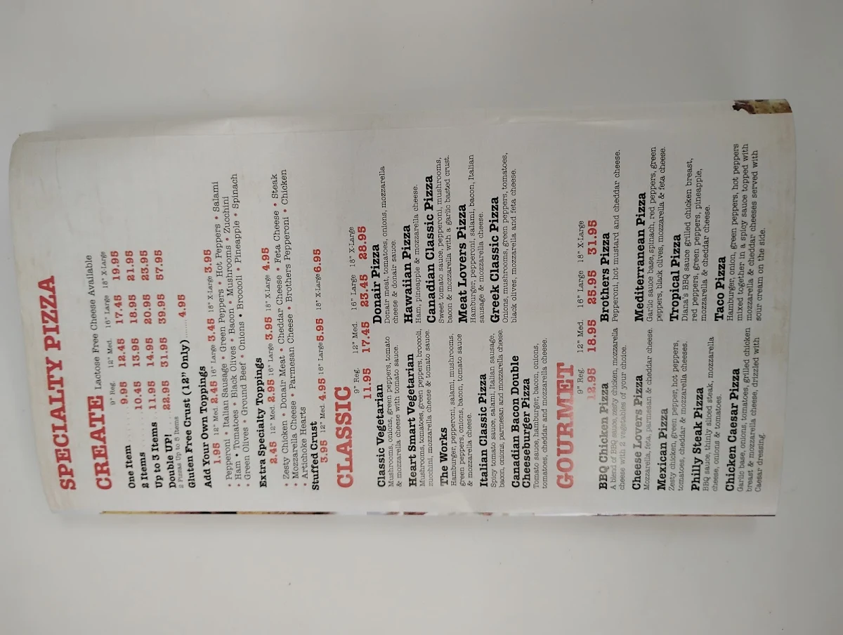 Menu, Randys Pizza Hubley
