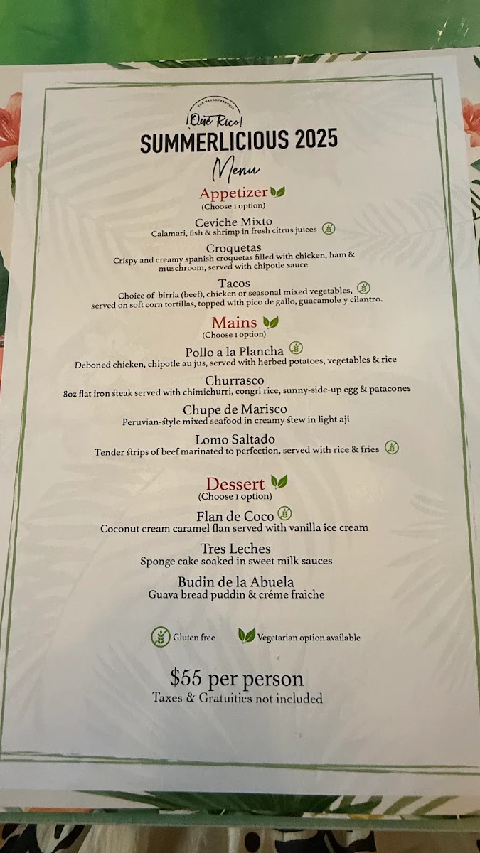 Menu, ¡Qué Rico! Tapas Bar