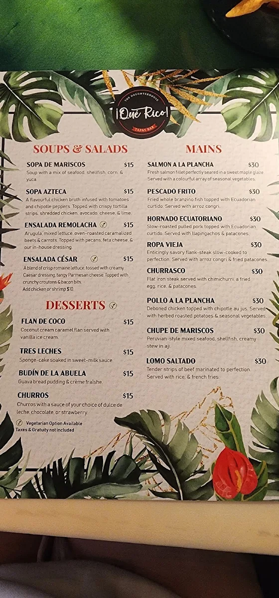 Menu, ¡Qué Rico! Tapas Bar