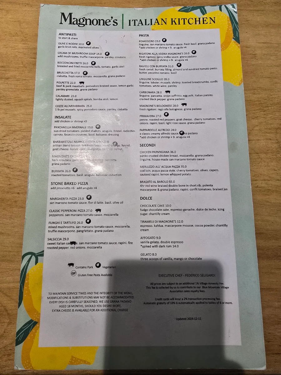 Menu, Magnone's Italian Kitchen