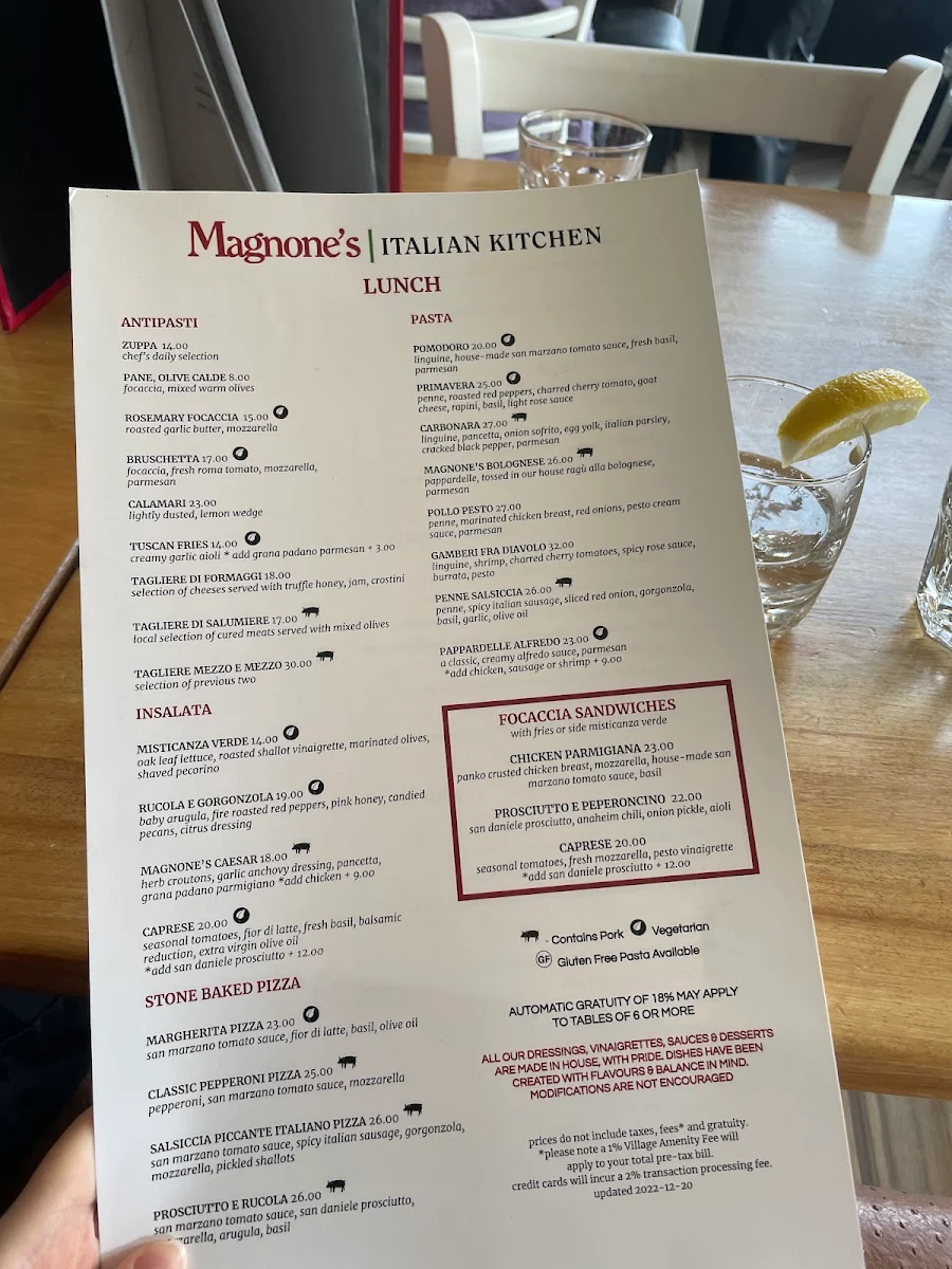 Menu, Magnone's Italian Kitchen