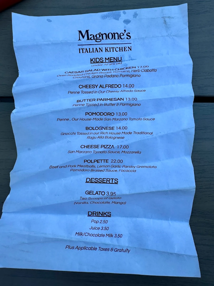 Menu, Magnone's Italian Kitchen
