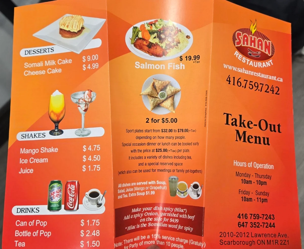Menu, Sahan Restaurant