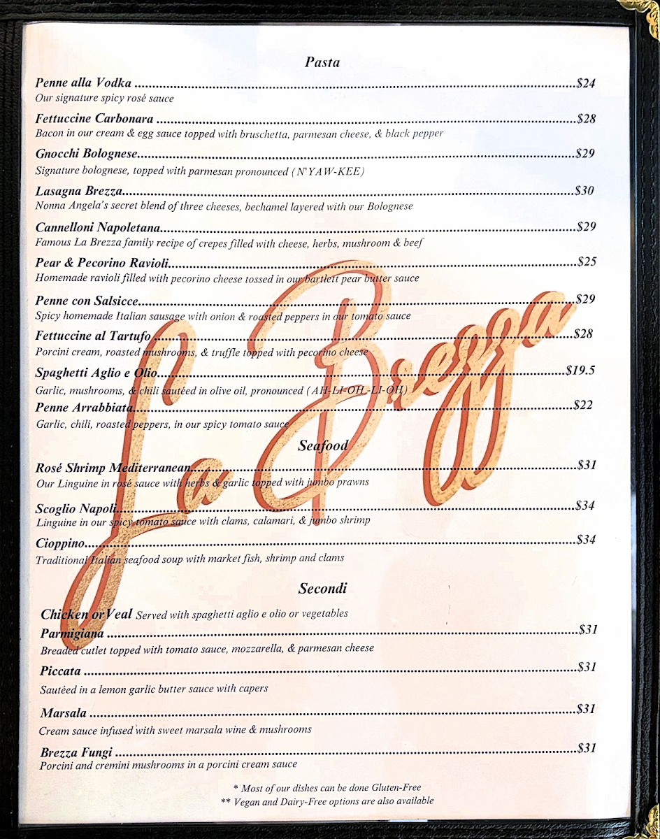 Menu, La Brezza Ristorante