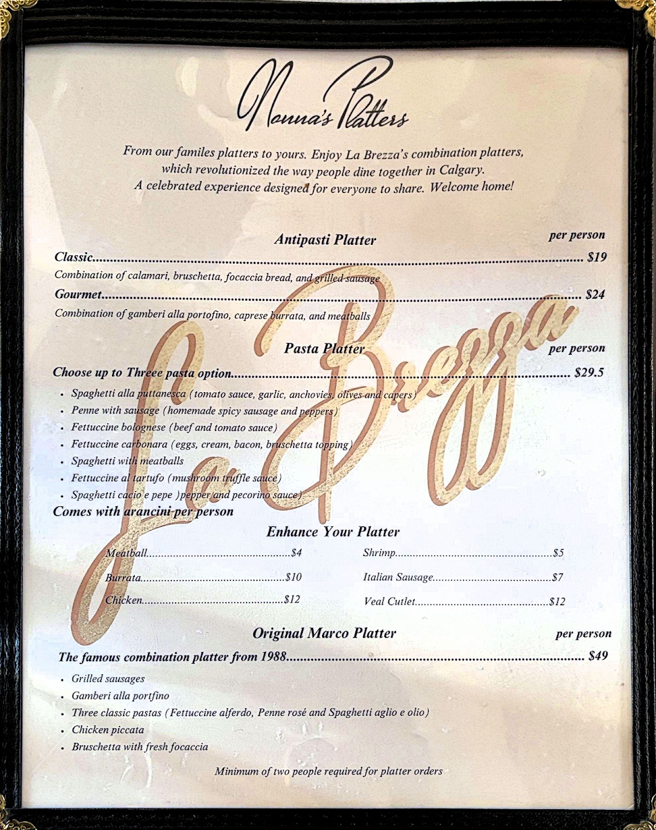 Menu, La Brezza Ristorante