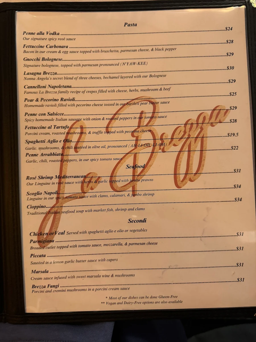 Menu, La Brezza Ristorante