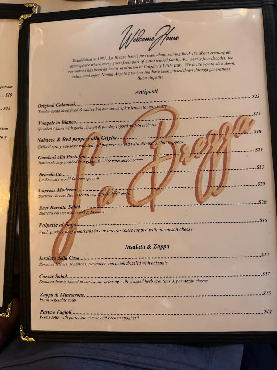 Menu, La Brezza Ristorante