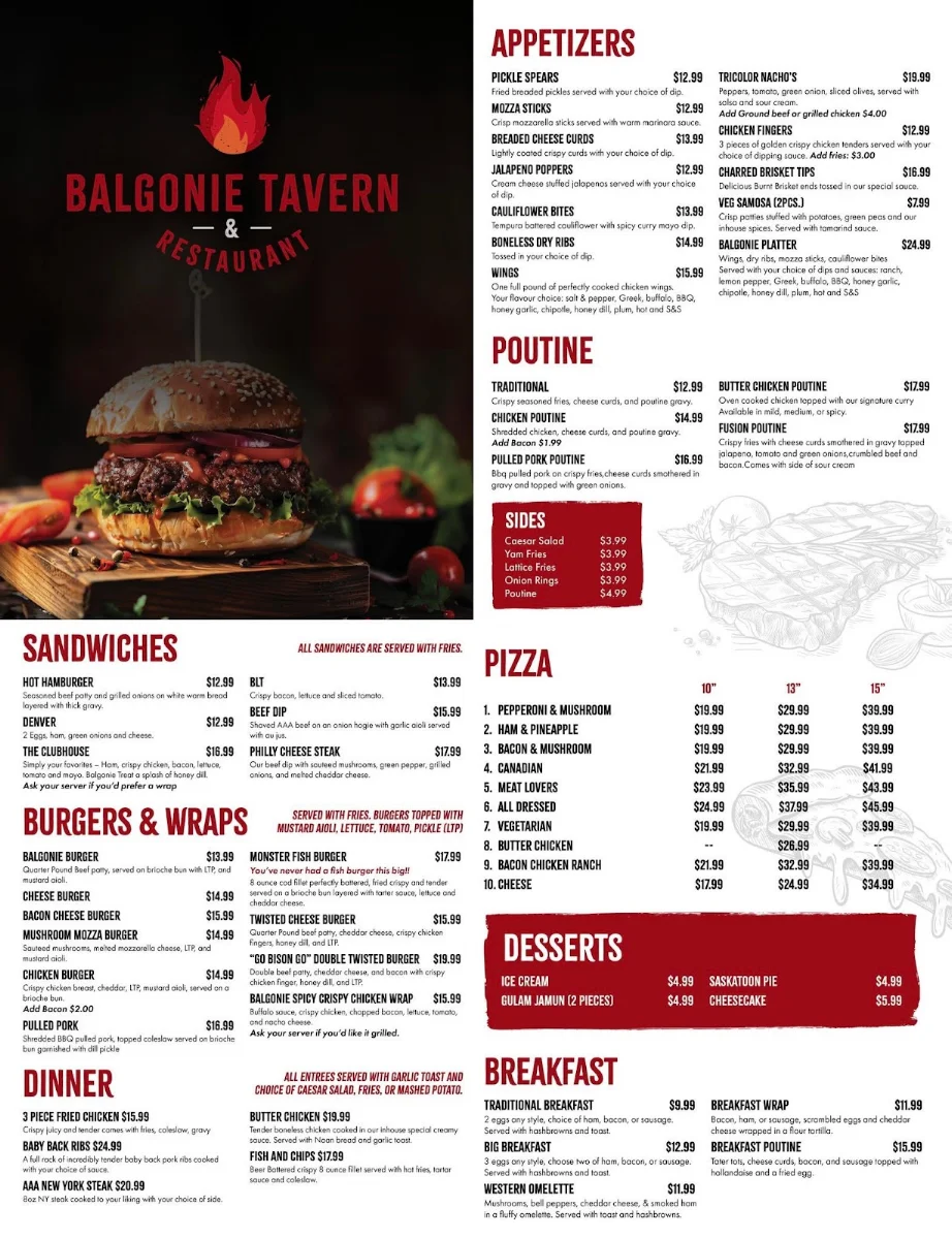 Menu, Balgonie Tavern and Restaurant