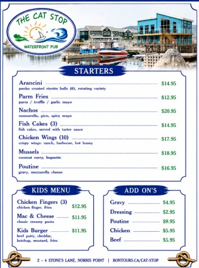Menu, The Cat Stop Waterfront Pub