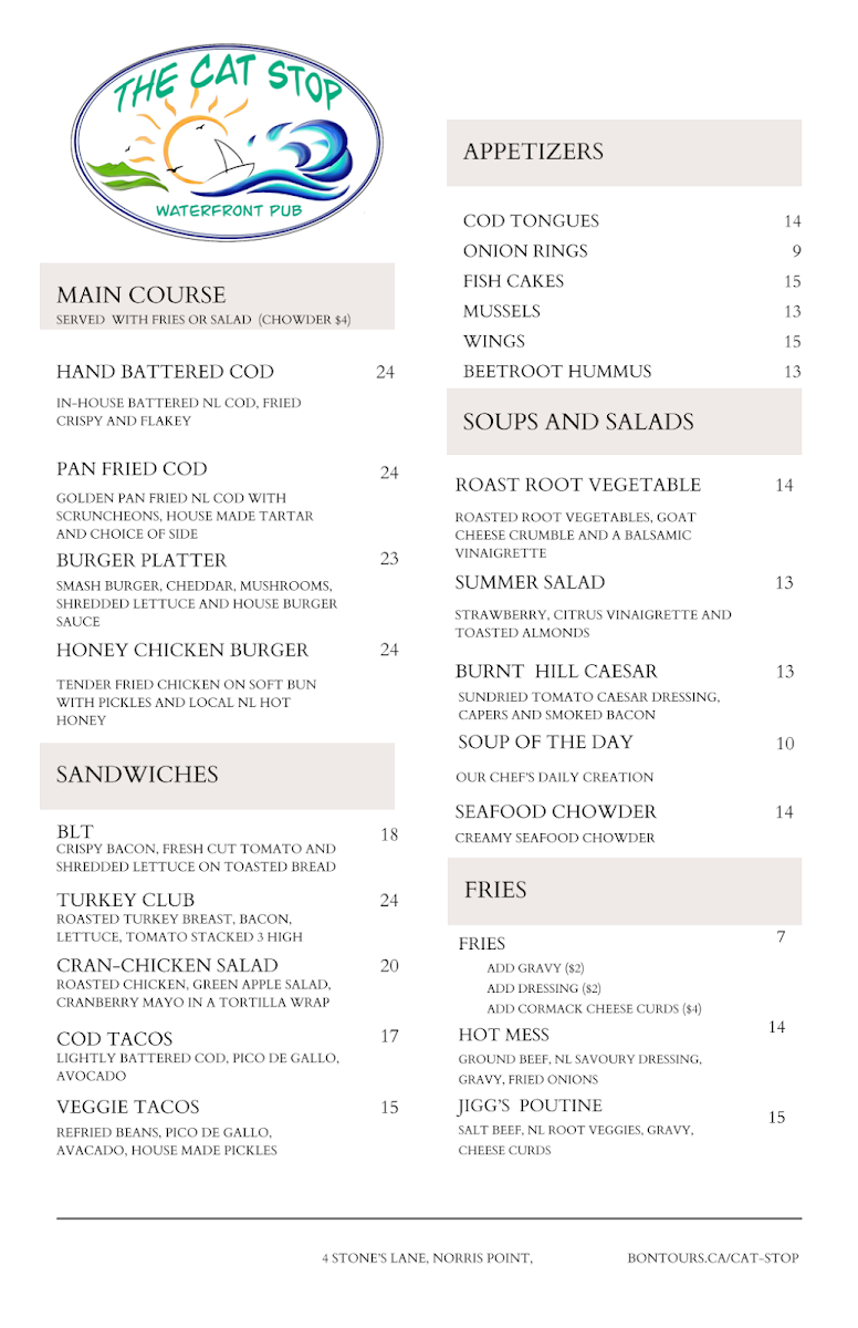 Menu, The Cat Stop Waterfront Pub
