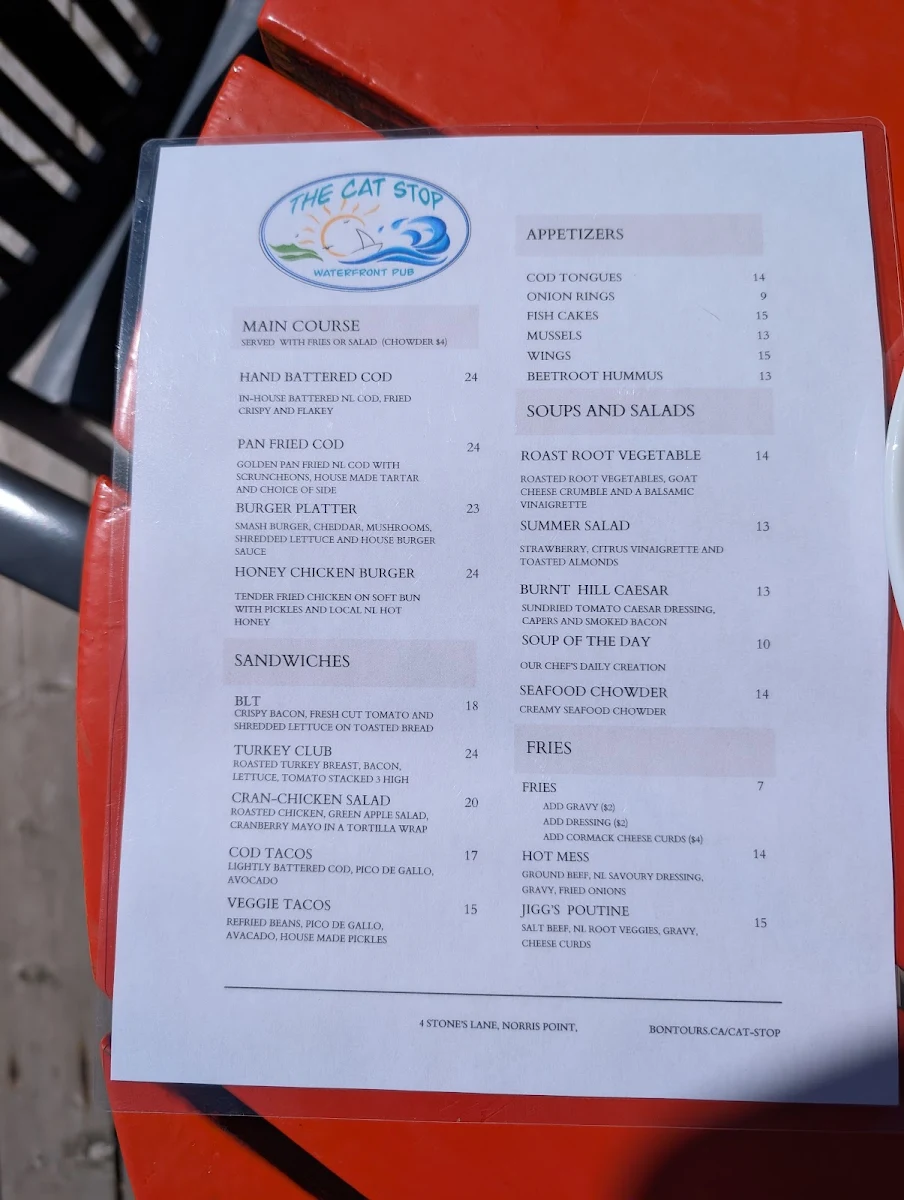 Menu, The Cat Stop Waterfront Pub