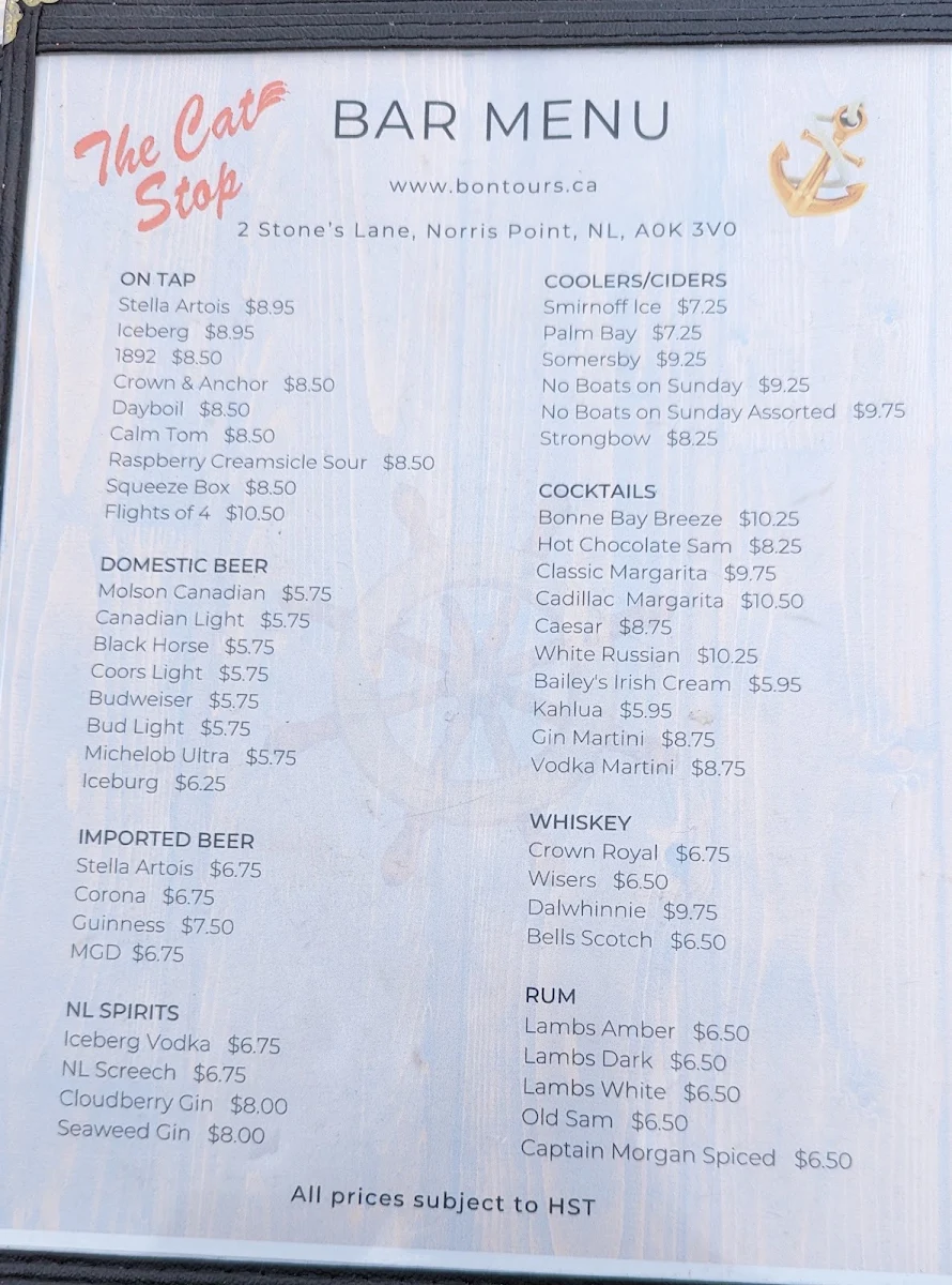Menu, The Cat Stop Waterfront Pub