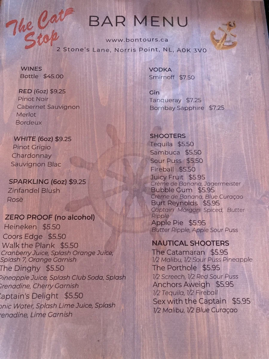 Menu, The Cat Stop Waterfront Pub