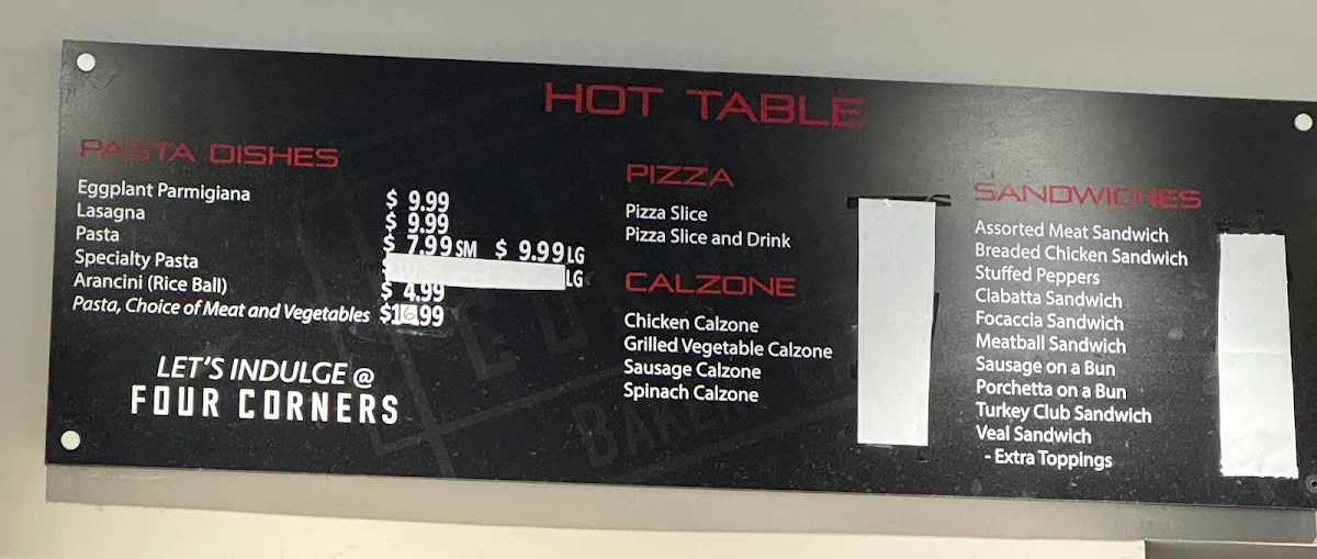 Menu, The 4 Corners Cafe and Bakery
