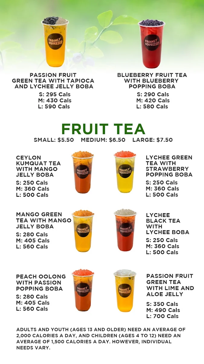 Menu, Freshly Squeezed Bubble Tea