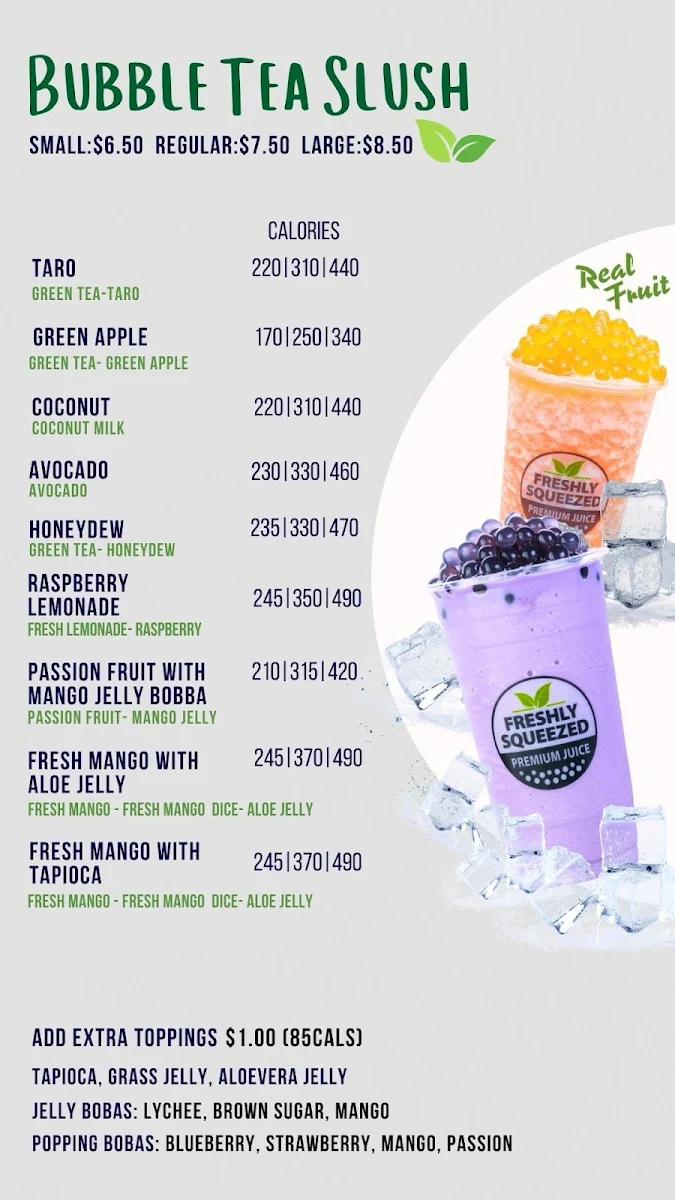 Menu, Freshly Squeezed Bubble Tea