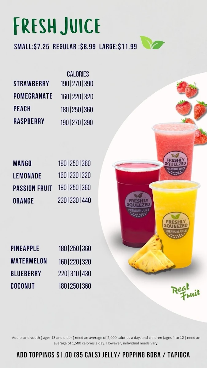 Menu, Freshly Squeezed Bubble Tea