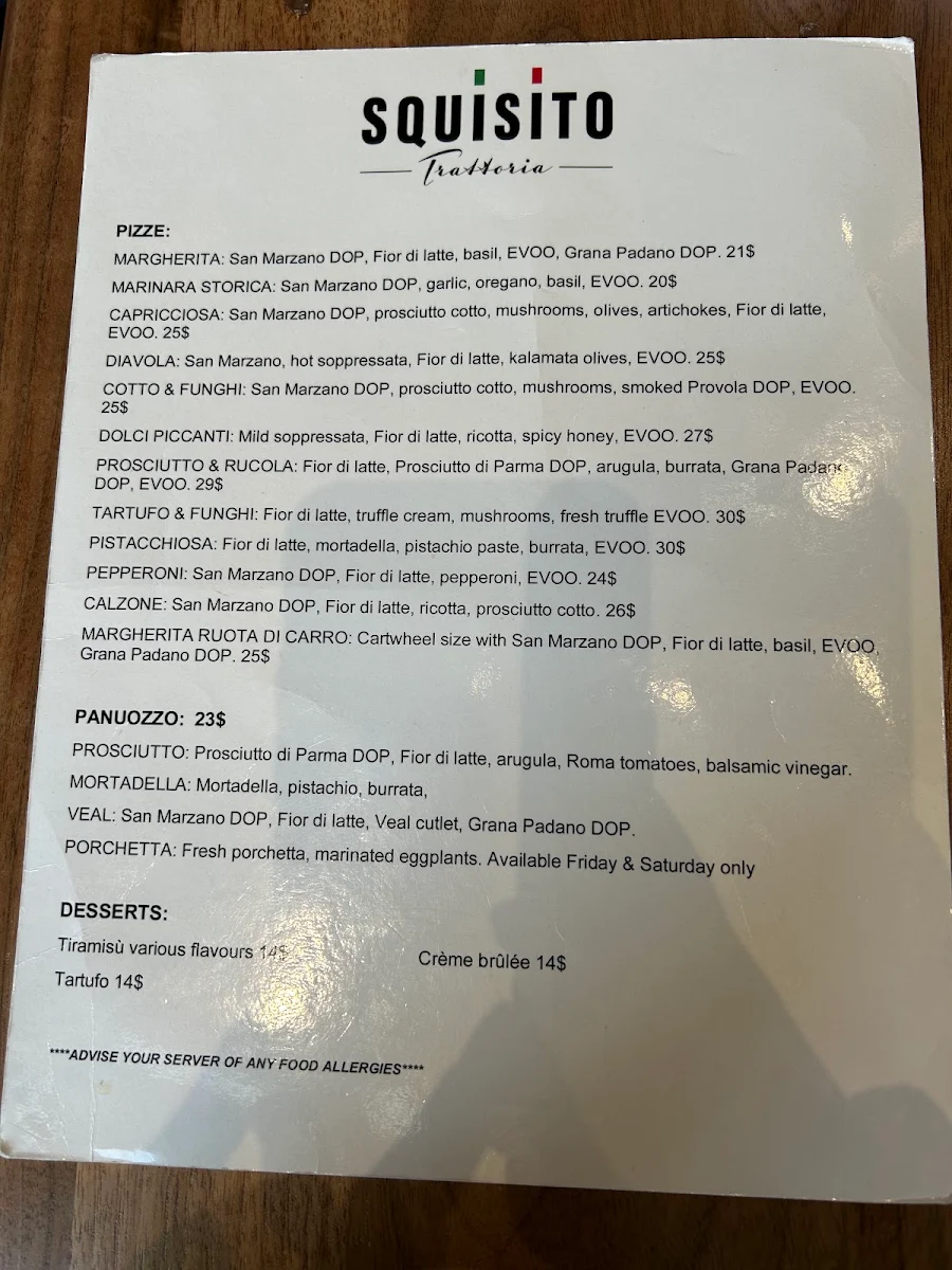 Menu, SQUISITO TRATTORIA