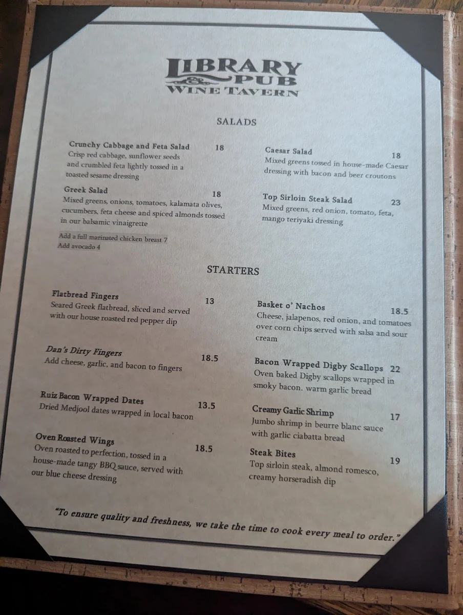 Menu, The Library Pub and Merchant Wine Tavern