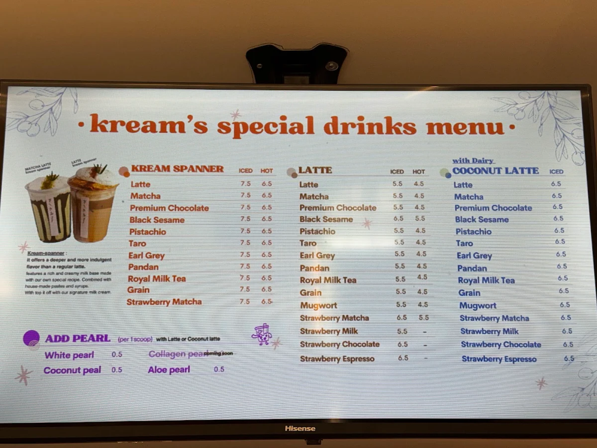 Menu, Kream cafe
