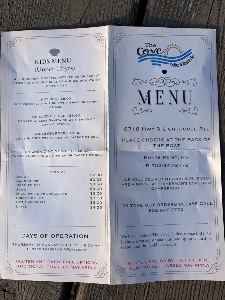 Menu, The Cove Coffee & Snack Bar