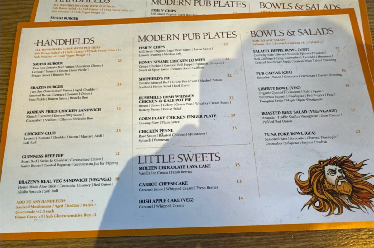Menu, Brazen Head Irish Pub