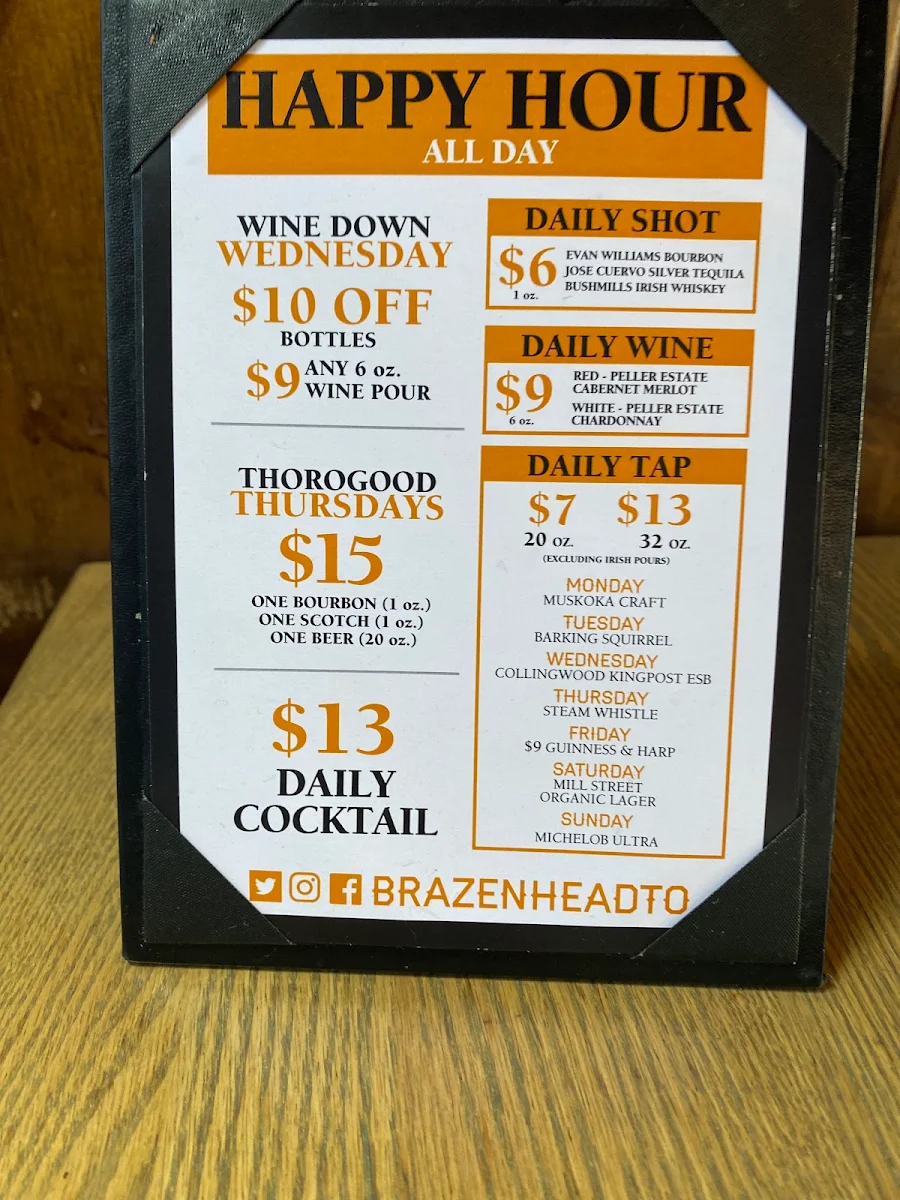 Menu, Brazen Head Irish Pub